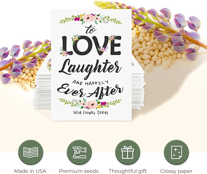 Pre-Filled Wildflower Seed Packet for Wedding Favor Baby Showers Bridal Shower Love Laughter and Happily Ever After Party Favors for Guests - Plant Year-Round Seed Mix - White Pack of 20