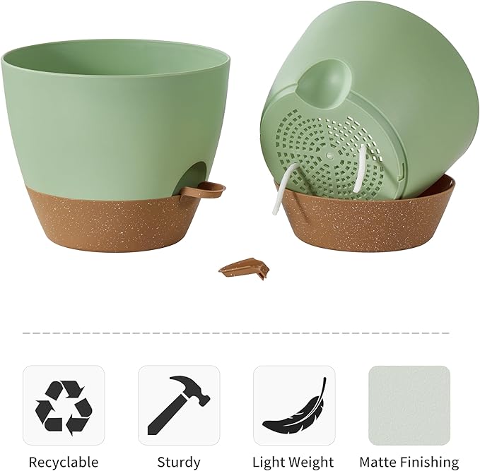 FaithLand 3-Pack Planter Pots, 10 9 8 Inch Self Watering Flower Pots for Indoor Outdoor Garden Plants, Green with Brown