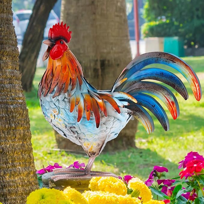 Metal Rooster Decor Garden Statue,Yard Chicken Decorations Outdoor Sculpture for Backyard Patio Kitchen Lawn Ornaments,Birthday Housewarming Gifts for Women Mom