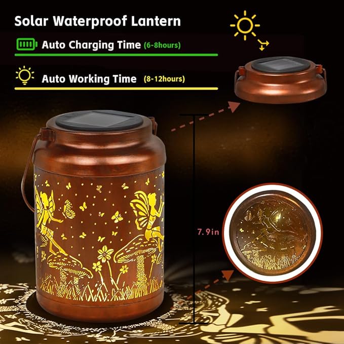 Fairy Solar Lanterns Outdoor Waterproof Hanging Solar Lights Gifts for Women Mom Metal LED Decorative Lantern for Yard Patio Pathway,Porch,Landscape,Lawn Garden Decor for Outside