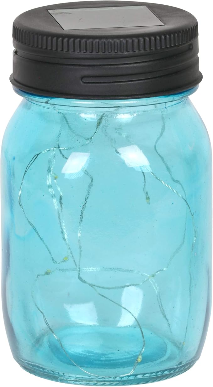 Exhart Solar Mason Jars, Set of 3 Glass Outdoor Garden Lanterns with Lids, 12 LED Firefly Lights, Lawn and Yard Decorations, 3.5 x 5.5 Inch