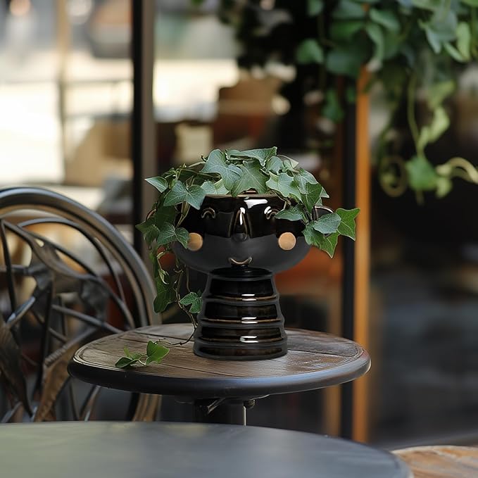 Face Planter - 7 Inch Ceramic Head Planters for Indoor Plants Outdoor, Cute Succulent Pots with Drainage Hole, Decorative Plant Pot, Home Office Room Decor, Black
