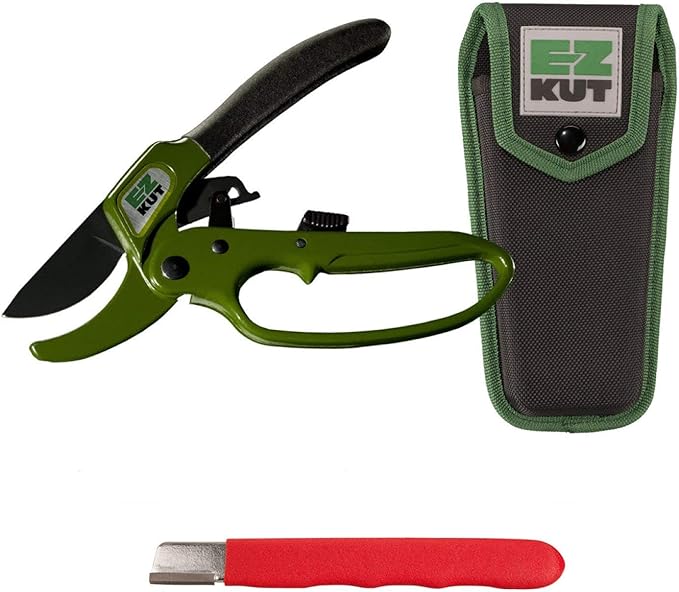 EZ Kut Original Ratcheting Pruner Kit with Molded Ballistic Nylon Sheath and Carbide Blade Tool, Green and Black