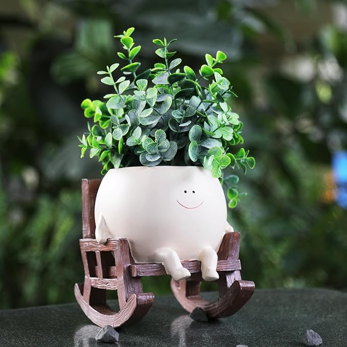 Face Planter Pots Cute Smile Flower Planter for Indoor Outdoor Plants Resin Rocking Chair Succulent Pot for String of Pearls Unique Gift on Mother's Day, Birthday, Christmas(Large)