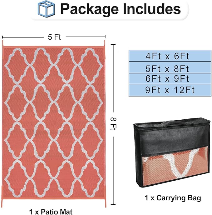 OutdoorLines Outdoor Plastic Area Rug for Patio 5x8 ft - Reversible Outside Carpet, Stain & UV Resistant RV Mats, Straw Rug for Camping, Deck Garden, Porch and Balcony, Moroccan/Orange & Light Grey