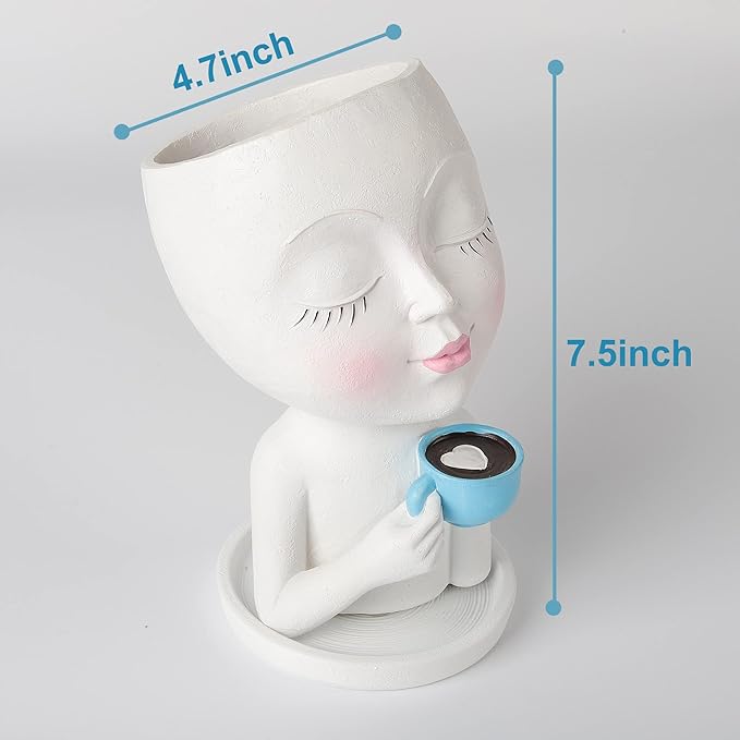Face Planter Pot with a Base- Face Flower Pot for Indoor Outdoor Plants Resin Succulent Planter with Drainage Hole Cute Lady Face Plant Pots, White