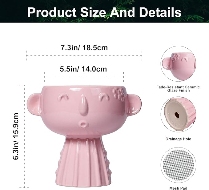 Face Pots for Plants - 7 Inch Ceramic Face Planters Pots Head for Indoor Outdoor, Small Funny Succulent Planters with Drainage Hole, House Room Apartment Decor, Gifts for Women, Bright Pink