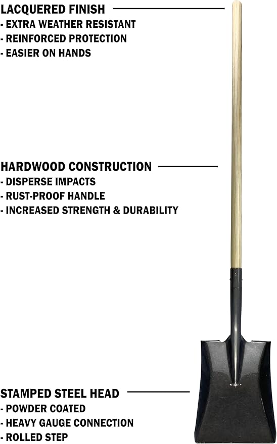 Emsco Group Workforce Tools Square Point Shovel - Sturdy 48” Wooden Handle - Heavy Duty 16 Gauge Steel Head