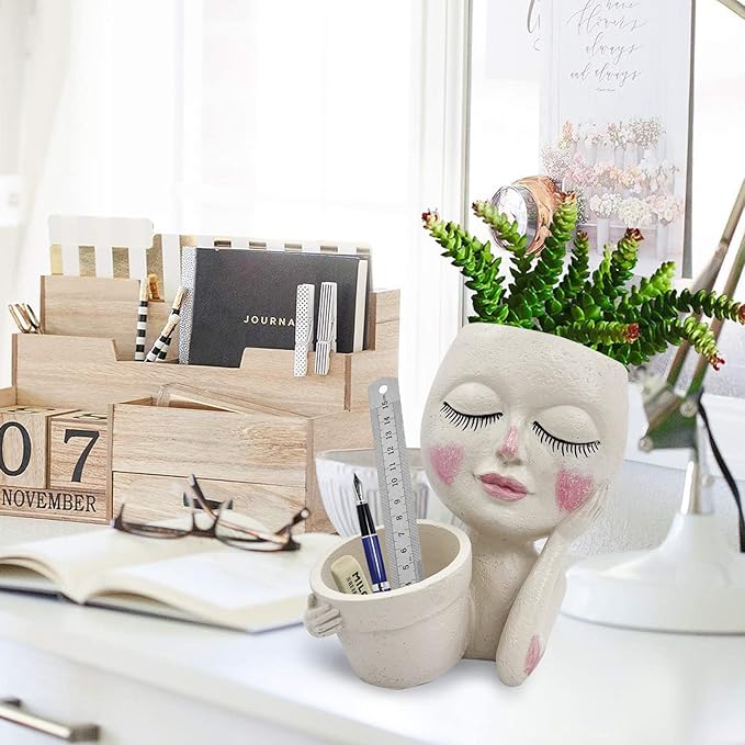 Face Plant Pot - Double Flower Pots for Indoor Outdoor Plants Resin Head Planter with Drainage Hole Cute Lady Face Plant Pots, Garden Decoration Planters, Medium