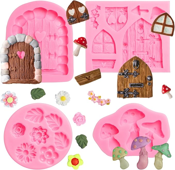Fairy Garden Door Silicone Molds, Enchanted Vintage Gnome Home Window Door Fondant Molds, Mushroom Flower Leaf Chocolate Baking Molds for Cake Decoration Cupcake Topper Candy Clay Resin