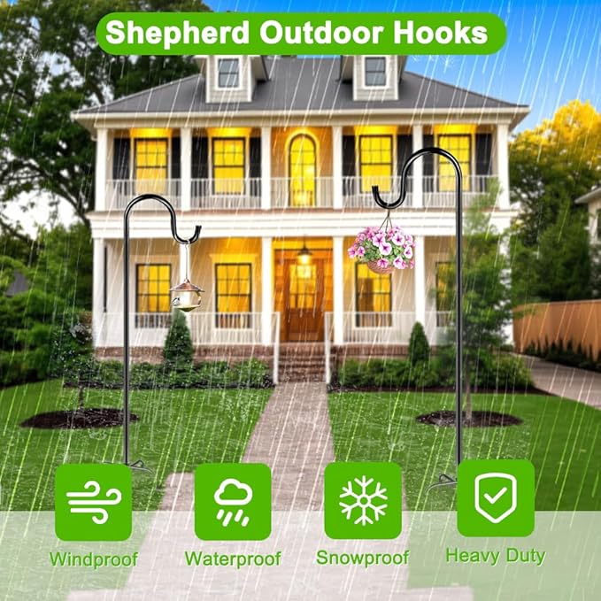 36 Inch Shepherds Hooks for Outdoor, Heavy Duty Bird Feeder Pole with 5 Prong Bases, Garden Hanging Stake for Bird Feeder, Solar Light, Plant Hanger, Wedding Decor, Metal Hanger Hooks, Black, 2 Packs