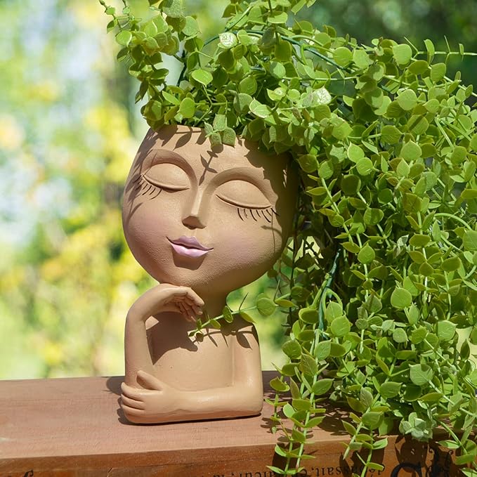 Face Planters Pots Head Planter, Plant Pots with Heads for Plants, Lady Statue Plant Pot, Unique Flower Pots with Drainage, Thinking Women Statue, Boho Vase, Cute Vases Home Decor Gift (7 Inch Khaki)
