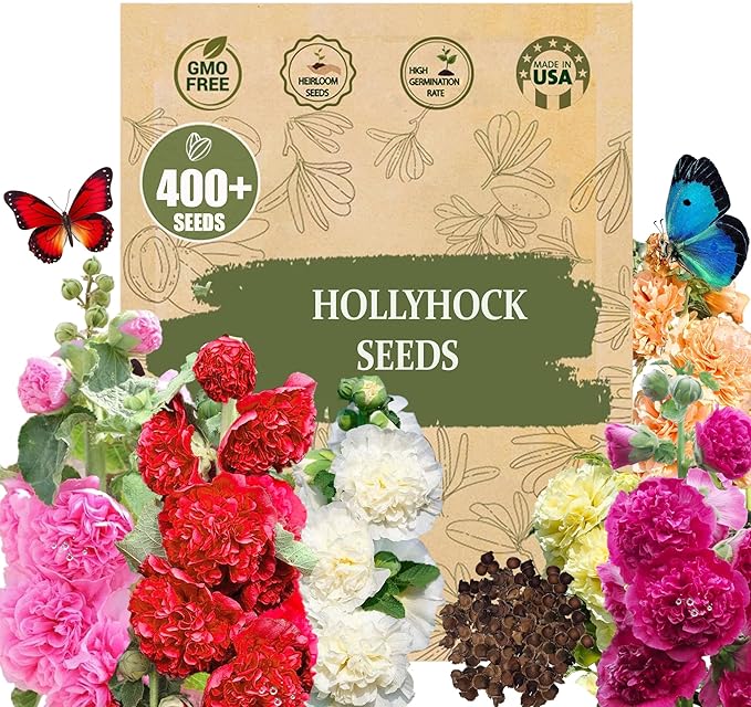 Premium Rare Hollyhock Seeds – 400+ Double Hollyhock Flower Seeds – Non-GMO, Heirloom Perennial – Showy Blooms for Outdoor Planting (Double Hollyhock Mix)