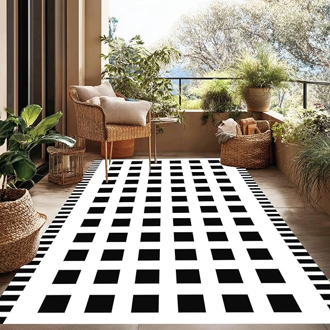 WILDROOTS 5x8 Feet Horizontal Edge Check Plastic Outdoor Rug, Stain Resistant Waterproof Reversible Outdoor Patio Rug, Fade Resistant Camping Rug