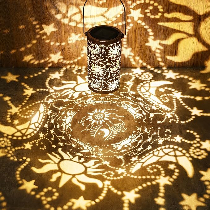 Fabuday Sun Moon Outdoor Solar Lantern Waterproof - Hanging Solar Power Lights Led for Outside, Garden Decor for Patio, Porch, Balcony, Yard and Deck, Stars Decorations Gifts for Women Mom
