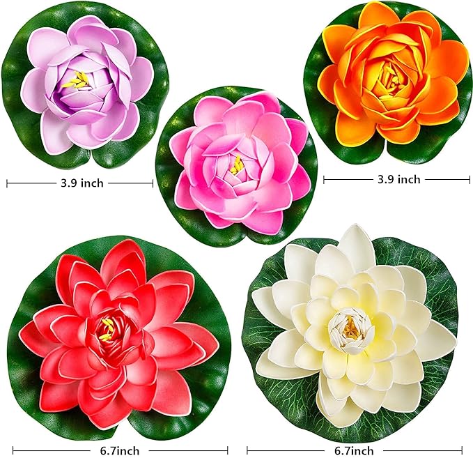 Artificial Lily Pads for Pond, 11in & 6in Artificial Flowers Floating Foam Lotus Flower with Fake Lily Pads, for Pool Garden Koi Fish Pond Aquarium Pool Wedding Decor, 14PCS