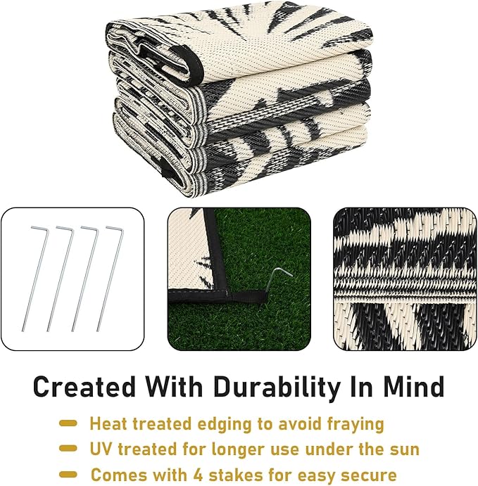Outdoor Rug Waterproof for Patios Clearance, Reversible Outdoor Plastic Straw Rug Camping Carpet, Outside Floor Mats Large Area Rugs for RV,Patio,Deck,Porch,Beach, Balcony,8'x10',Black&Beige