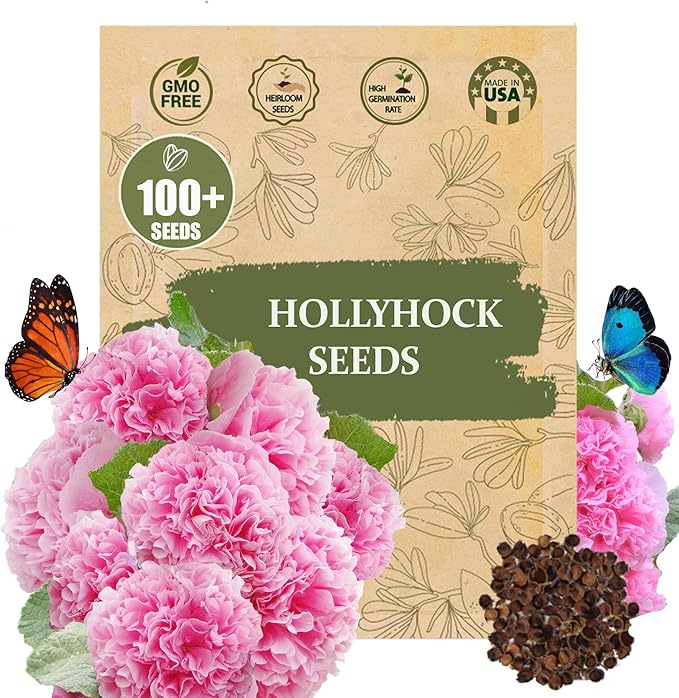 Premium Rare Hollyhock Seeds โ 100+ Double Pink Hollyhock Flower Seeds โ Non-GMO, Heirloom Perennial โ Showy Blooms for Outdoor Planting (Double Pink Hollyhock)