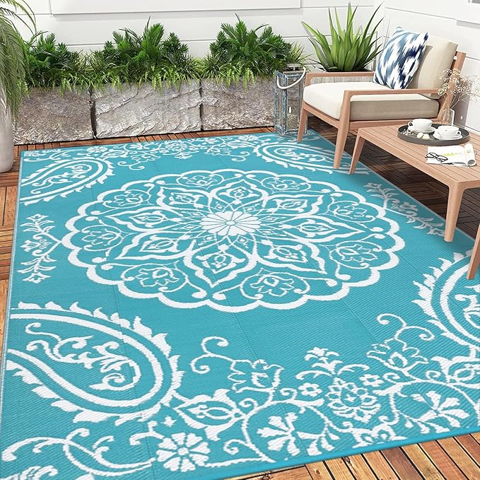 Pauwer Waterproof Outdoor Rug 10x14, Reversible Plastic Straw Patio Camping Rug, Indoor Outdoor RV Mat Carpet for Deck, Camper, Porch, Balcony, Backyard, Picnic, Boho Teal