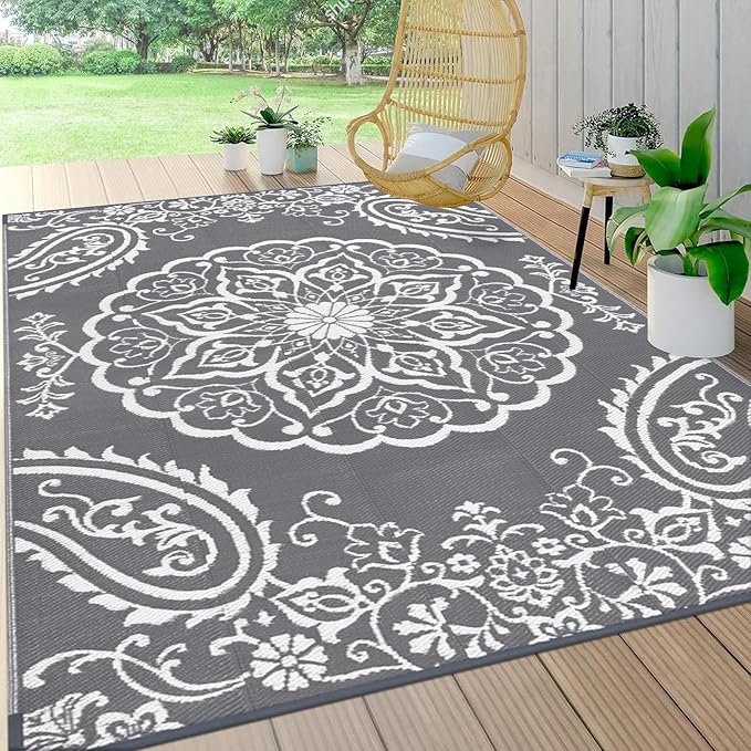 Pauwer Waterproof Outdoor Rug 6x9, Reversible Plastic Straw Patio Camping Rug, Indoor Outdoor RV Mat Carpet for Deck, Camper, Porch, Balcony, Backyard, Picnic, Boho Grey