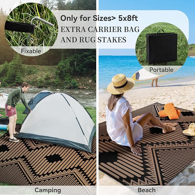 MontVoo Outdoor Rug-Waterproof Patio Rug Mat 5x8 Outdoor Carpet Mat Reversible Plastic Straw Outside Outdoor Rug for RV Camping Picnic Balcony Backyard Pool Deck Porch Modern Boho Black Brown