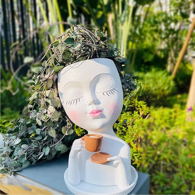 Face Planter Pots, Resin Face Planter for Indoo/Outdoor Plants,Head Planter with Drainage Hole/Removable Saucer (Coffee, White)