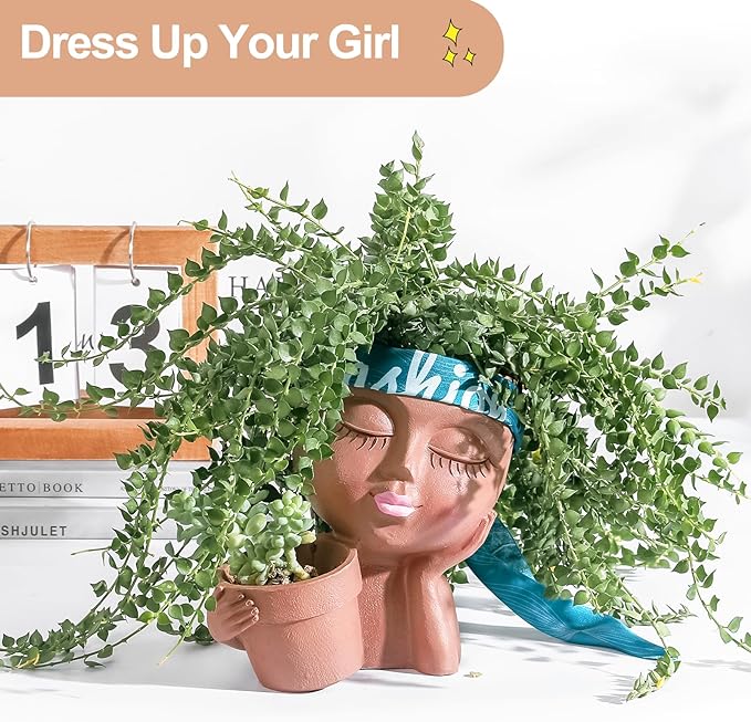 Face Planter Pots Head Planters for Indoor Outdoor Plants - Double Plant Pots for Flower Succulent with Drainage Holes - Ideal Present Ideas(Black Lady)