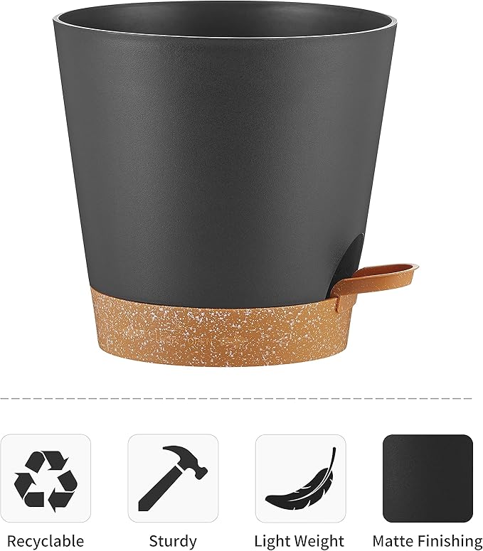 FaithLand 2-Pack 8 Inch Planter Pots for Indoor Outdoor Plants, Self Watering Flower Pots with Deep Reservoir, Black with Terracotta …