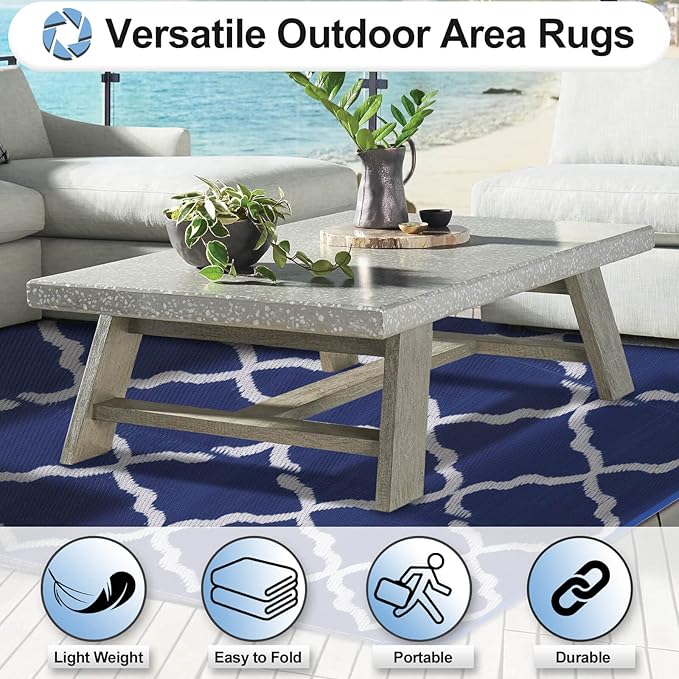 OutdoorLines Outdoor Plastic Area Rugs for Patio 5x8 ft - Reversible Outside Carpet, Stain & UV Resistant RV Mats, Straw Rug for Camping, Deck Garden, Porch and Balcony, Moroccan Navy & Light Grey