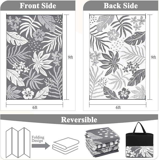 Pauwer Waterproof Outdoor Rug 6x9, Reversible Plastic Straw Patio Camping Rug, Indoor Outdoor RV Mat Carpet for Deck, Camper, Porch, Balcony, Backyard, Picnic, Floral Grey