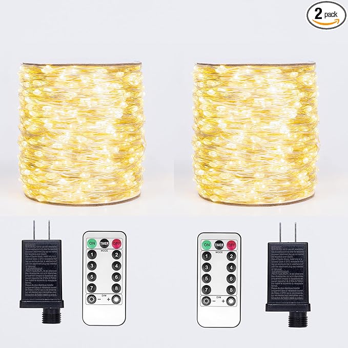 Fairy Lights Plug in,2Pack 100FT 300 LEDs Waterproof Led String Lights,Twinkle Light with 8 Modes Remote for Outdoor Indoor Christmas Wedding Birthday Garden Party Decorations,Warm White