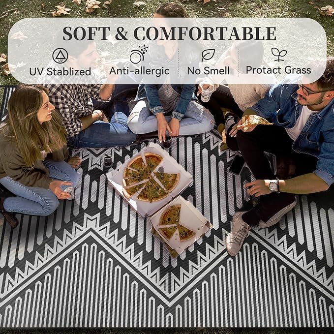 MontVoo Outdoor Rug-Waterproof Camping Rug Patio Rug Mat 6x9 Reversible Plastic Straw Outside Outdoor Rug for RV Camping Picnic Beach Balcony Backyard Pool Deck Porch Modern Boho Grey