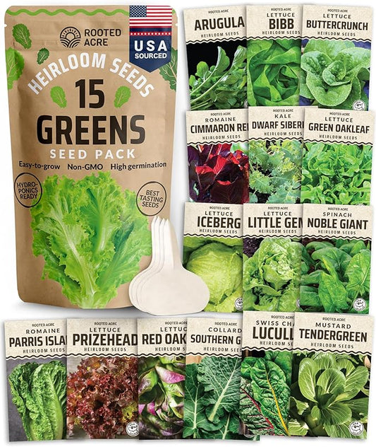 Rooted Acre 15 Lettuce & Green Seeds Pack | Non-GMO Heirloom Seeds | Garden Salad Greens Seeds | Hydroponic Vegetable Seeds for Planting Indoor | Romaine, Kale, Spinach, Arugula, & Butter Lettuce Seed