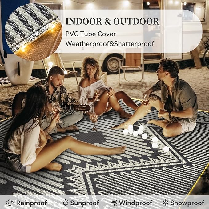 MontVoo Outdoor Rug with Led String Strip Lights 8x10 ft Waterproof Outdoor Patio Rug Mat Reversible Plastic Straw Rug Outside Outdoor Rug for RV Camping Picnic Balcony Fairy Boho Outdoor Decor