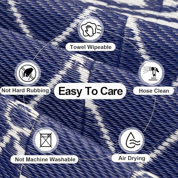 OutdoorLines Indoor Outdoor Rug for Patio 6x9 ft - Reversible Outside Carpet, Stain & UV Resistant Portable RV Mat, Plastic Straw Rug for Camping, Pool Deck, Porch Rhombus Navy & White