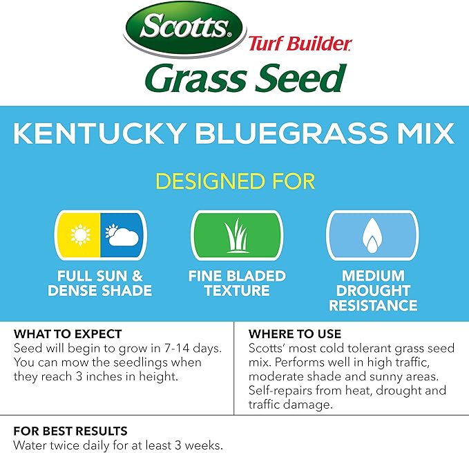 Scotts Turf Builder Grass Seed Kentucky Bluegrass Mix, Continuously Self-Repairs to Withstand Wear and Tear, 3 lbs.