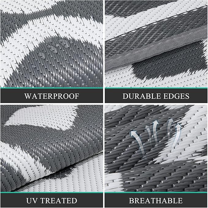 Pauwer Waterproof Outdoor Rug 6x9, Reversible Plastic Straw Patio Camping Rug, Indoor Outdoor RV Mat Carpet for Deck, Camper, Porch, Balcony, Backyard, Picnic, Geometric Grey