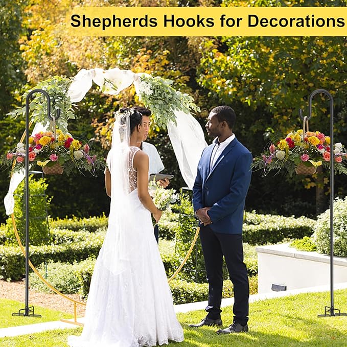 Decorative Shepherd Hooks for Garden, 94 Inch Weather-Resistant Steel – 5 Fork Base Design for Hanging Flower Baskets, Wind Chimes, String Lights – Elegant Scroll Top – Black