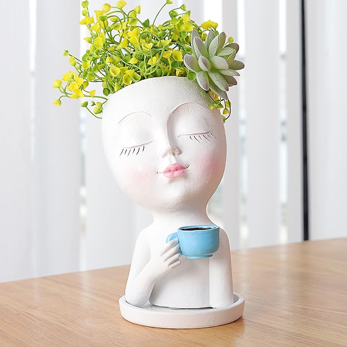 Face Planter Pot with a Base- Face Flower Pot for Indoor Outdoor Plants Resin Succulent Planter with Drainage Hole Cute Lady Face Plant Pots, White