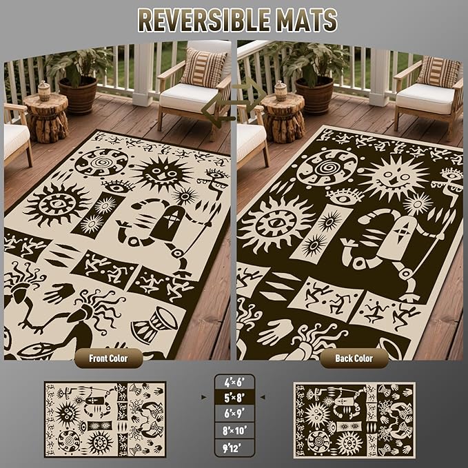 WILDROOTS 5x8 Feet Plastic Tribal Outdoor Rug, Stain Resistant Waterproof Reversible Outdoor Patio Rug, Fade Resistant Camping Rug (Ivory Beige)