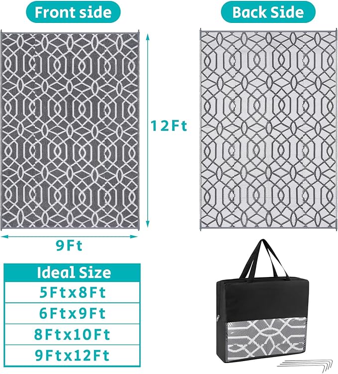 HEBE Outdoor Rug Waterproof 9x12, Reversible Plastic Straw Rug RV Camping Rug, Indoor Outdoor Patio Mat Clearance, Outside Carpet for Porch,Deck,Camper,Balcony,Backyard,Picnic