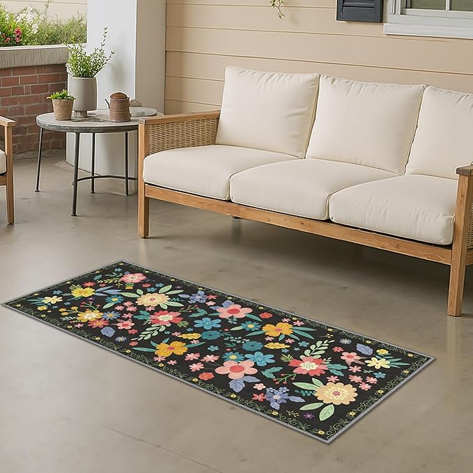 GENIMO Indoor Outdoor Area Rug 2' X 5' Waterproof, Washable Runner Rug Non Shedding, Easy Cleaning Floral Outdoor Carpet for Patio, Living Room, Bedroom, Entryway, Porch, Dining Room, Black