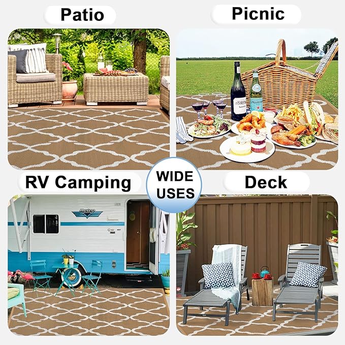 OutdoorLines Outdoor Plastic Area Rugs for Patio 5x8 ft - Reversible Outside Carpet, Stain & UV Resistant RV Mats, Straw Rug for Camping, Deck Garden, Porch and Balcony, Moroccan/Brown & Light Grey