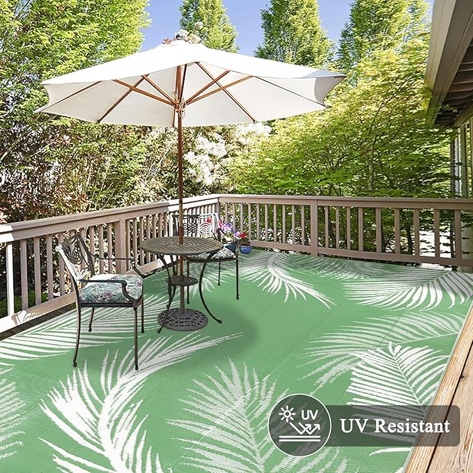 Pauwer Waterproof Outdoor Rug 9x12, Reversible Plastic Straw Patio Camping Rug, Indoor Outdoor RV Mat Carpet for Deck, Camper, Porch, Balcony, Backyard, Picnic, Leaf Green