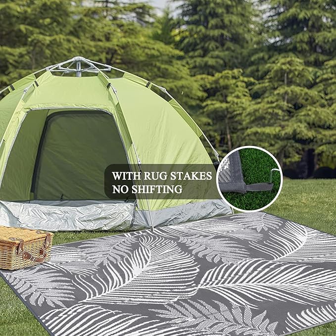 Pauwer Waterproof Outdoor Rug 9x12, Reversible Plastic Straw Patio Camping Rug, Indoor Outdoor RV Mat Carpet for Deck, Camper, Porch, Balcony, Backyard, Picnic, Leaf Grey