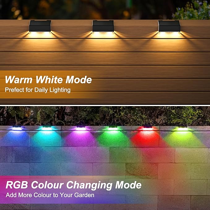 Ellasay Solar Fence Lights Outdoor: IP65 Waterproof RGB Solar Powered with 8 Lighting Modes - Wall Decor for Garden Deck Patio Backyard Balcony 6 Pack