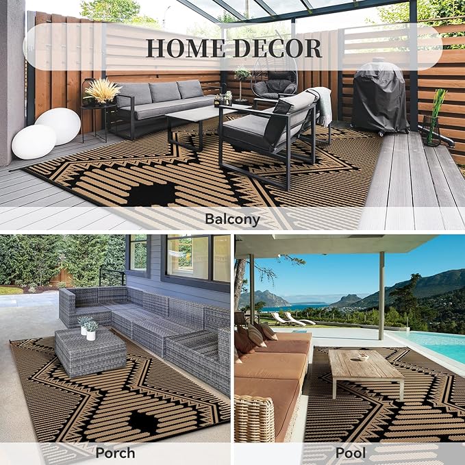 MontVoo Outdoor Rug 8x10 Waterproof Patio Rug-Outdoor Carpet Mat Reversible Plastic Straw Outside Outdoor Rug for RV Camping Picnic Balcony Backyard Pool Deck Porch Modern Boho Black Brown
