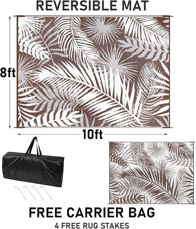 Outdoor Rug Waterproof for Patios Clearance, Reversible Outdoor Plastic Straw Rug Camping Carpet, Outside Floor Mats Large Area Rugs for RV,Patio,Deck,Porch,Beach,Balcony,10'x8',Brown&White