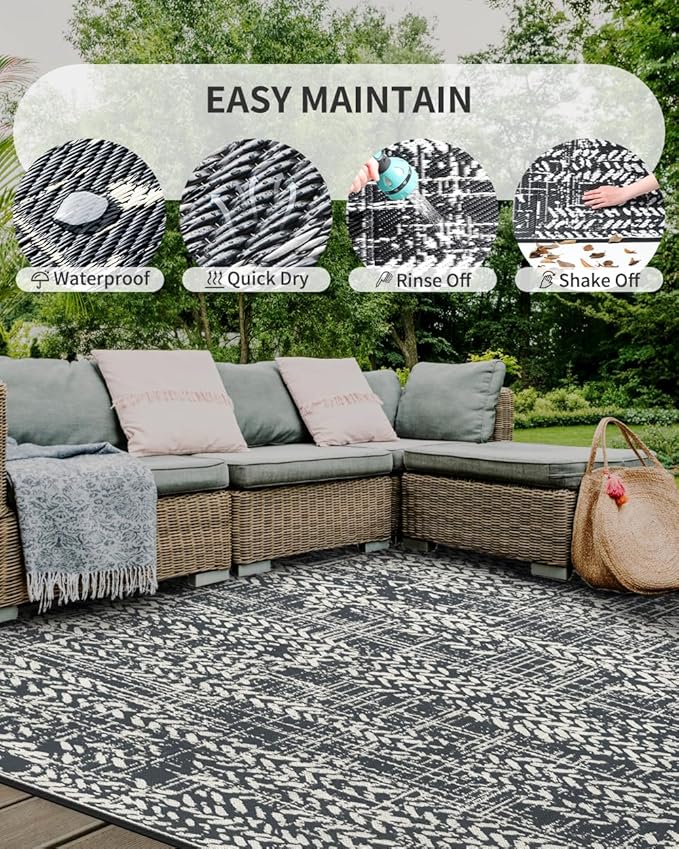 MontVoo Outdoor Rug 9x12 Waterproof-Patio Rug Outdoor Carpet Reversible RV Camping Picnic Plastic Straw Rug Outside Outdoor Area Rug for Balcony Deck Backyard Patio Decor Boho Modern Abstract Grey