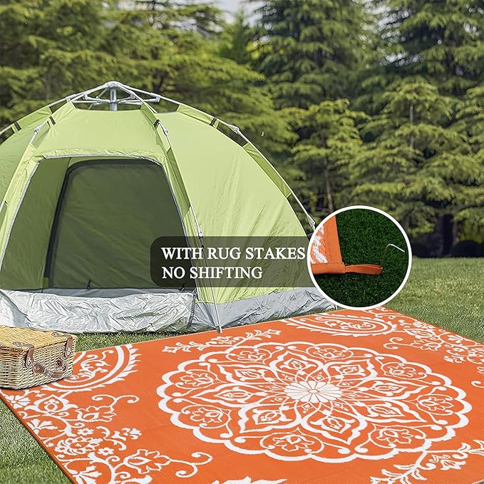 Pauwer Waterproof Outdoor Rug 6x9, Reversible Plastic Straw Patio Camping Rug, Indoor Outdoor RV Mat Carpet for Deck, Camper, Porch, Balcony, Backyard, Picnic, Boho Orange